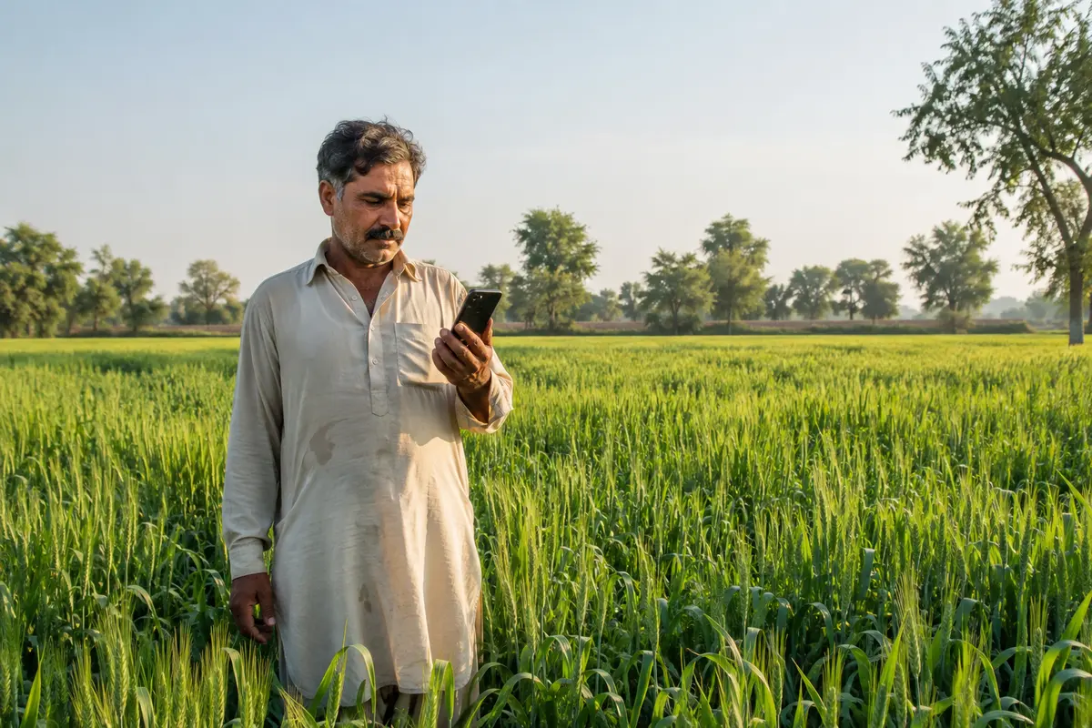 کھیت میں فون دیکھتے کسان کی تصویری عکاسی